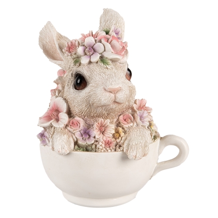 Hase in Tasse Dekofigur Rosa Blumen stehend